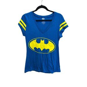 Batman Womens Blue Graphic T-Shirt Yellow Stripes Short Sleeve V-Neck Large
